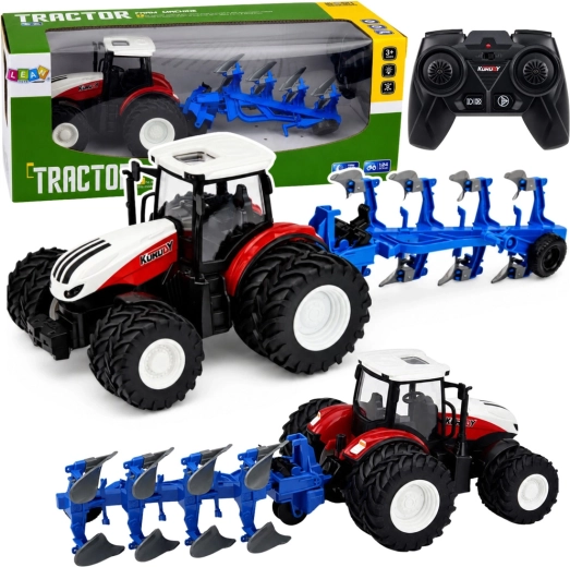 RC фермерски трактор с многоредов плуг 1:24 (2,4 GHz) червен