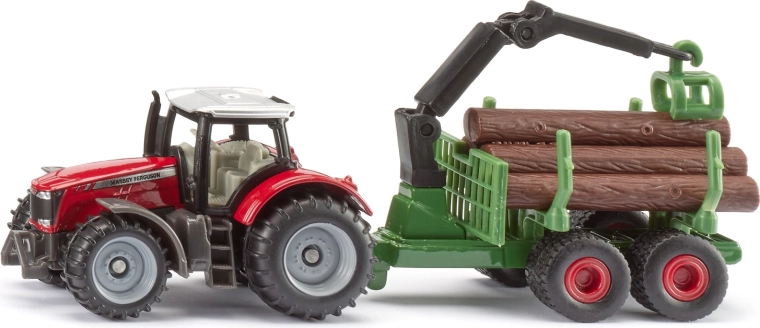 Siku Massey Ferguson tractor with forestry trailer and logs