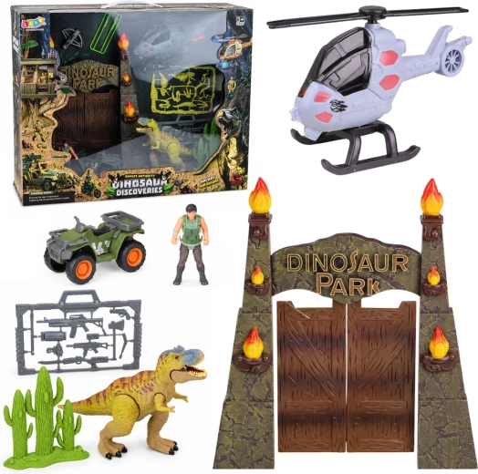 Dino park base with gate, helicopter, quad bike and figures