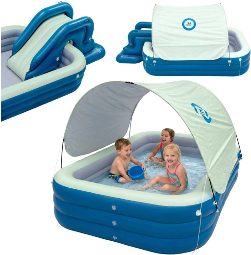 Children’s inflatable backyard pool with slide and sun canopy