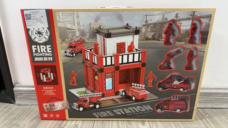 Fire Station Garage with Rescue Vehicles and Figures