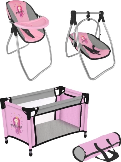Комплект за кукли Princess Pink/Grey – пътно легълце и 2 в 1 столче с люлка