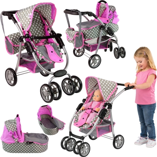 2-in-1 Doll Stroller with Carrycot and Starry Bag – Pink and Grey with Stars (4325)