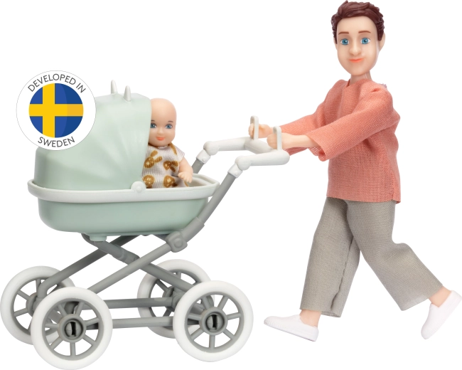Lundby комплект татко с бебе и количка