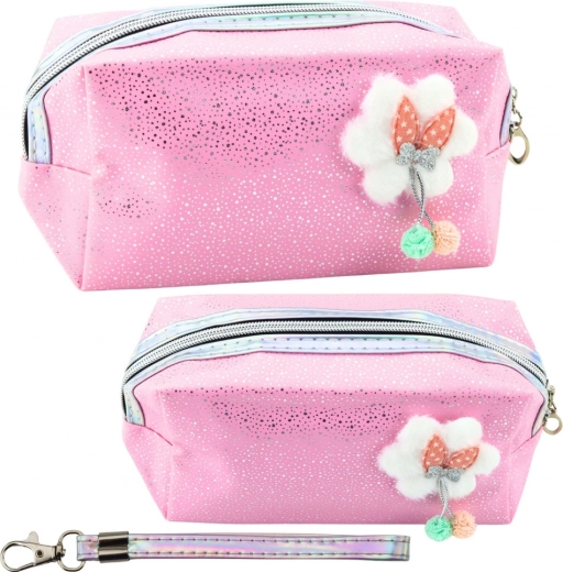 Pink cosmetic pouch with bow and glitter