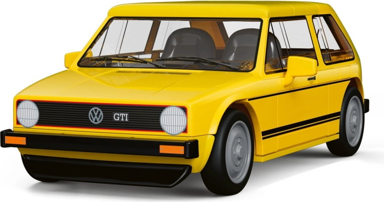 Striking yellow GTI with movable wheels