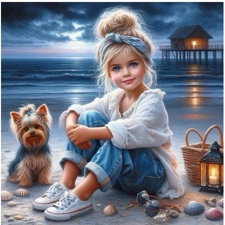 Diamond Mosaic Girl with a Dog on the Beach