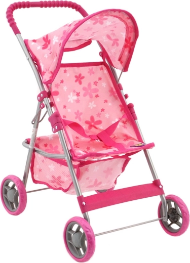 Pink umbrella stroller for dolls with flowers and basket