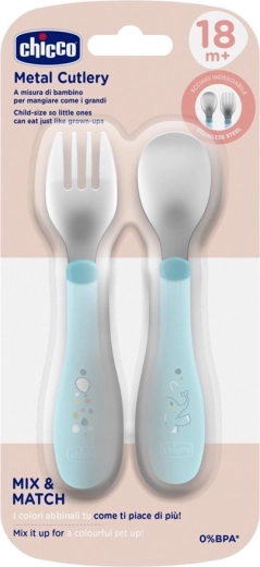 Chicco stainless steel spoon and fork, teal, from 18 months