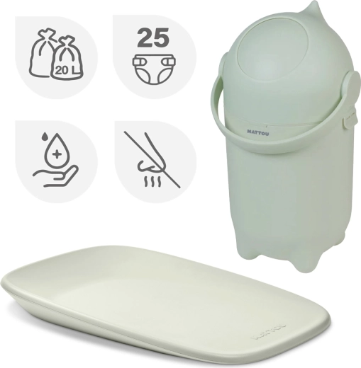 Nattou комплект: кош за пелени Dropy и подложка за повиване Softy Green 50 × 70 см
