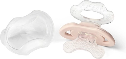 BabyOno silicone teether in a pacifier shape with a cover, beige (3m+)