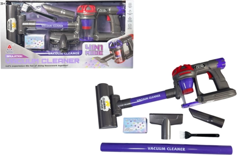 Children’s upright vacuum cleaner with interchangeable attachments and suction function