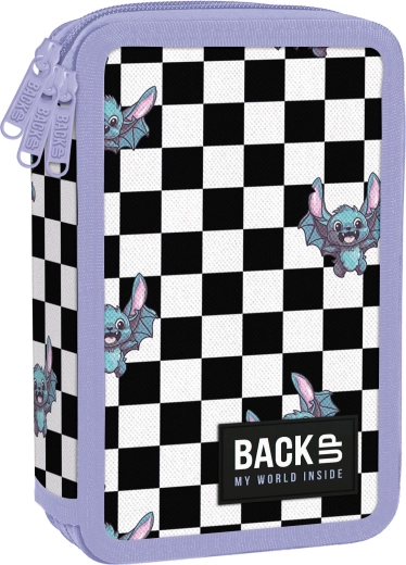 Three-compartment pencil case with supplies BackUP – bats and checkerboard