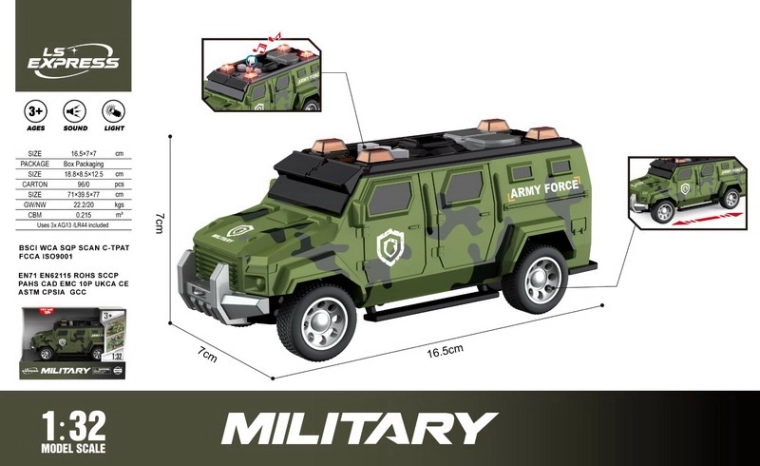 Military vehicle with light and sound effects, 16.5 cm