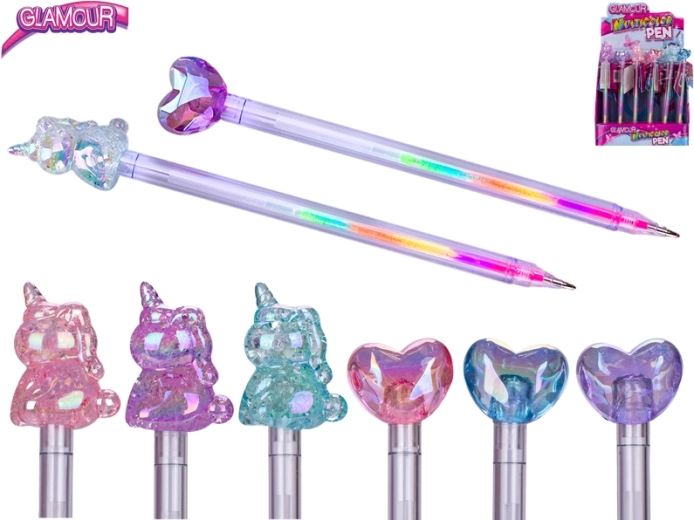 Glamour multicolour pen with heart and unicorn motifs