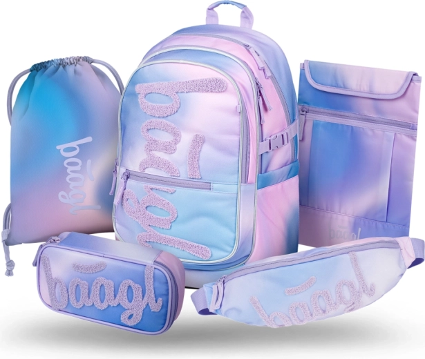 Baagl Core Sky 5-in-1 set: school backpack, pencil case, PE bag, waist bag, and laptop sleeve