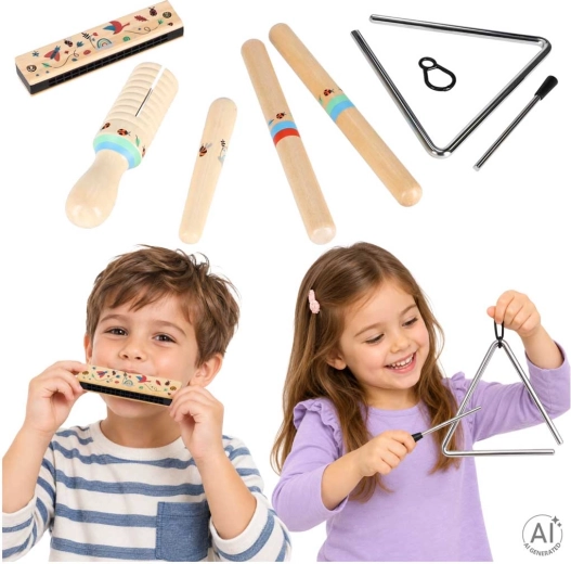 Wooden musical instruments for children – set (triangle, rhythm sticks, blow harmonica, guiro)
