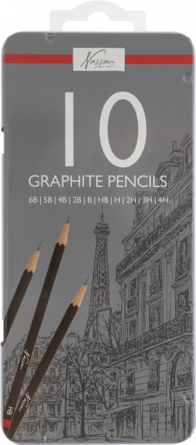 Graphite drawing pencils 6B–4H, set of 10 pcs in metal case