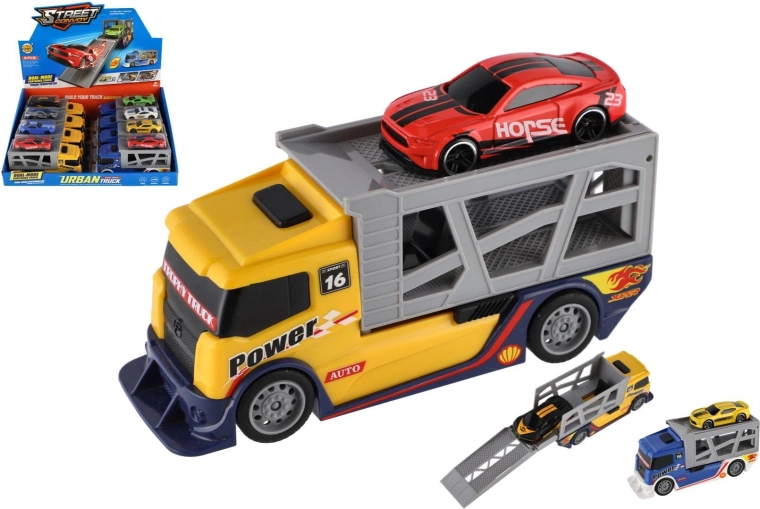 Plastic truck transporter with car 15 cm, freewheel, 2 colors