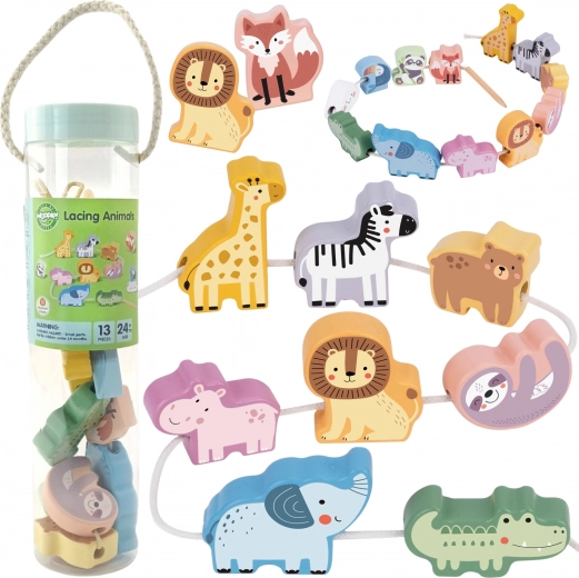 Дървени животни за нанизване ZOO WOOPIE GREEN, Монтесори, 13 части