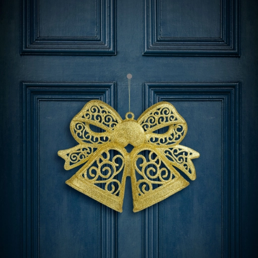 Christmas Hanging Bow with Glitter, Gold, 35 cm
