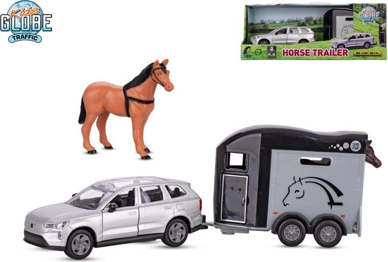 Kids Globe Traffic VOLVO EX90 с ремарке за коне, метален модел 28 см