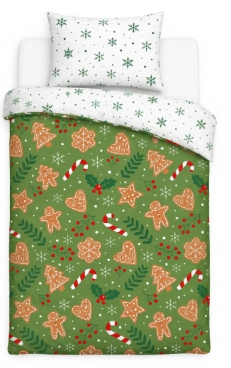 Christmas Holly Jolly Gingerbread and Snowflake Bedding Set, Green, 140 × 200 cm