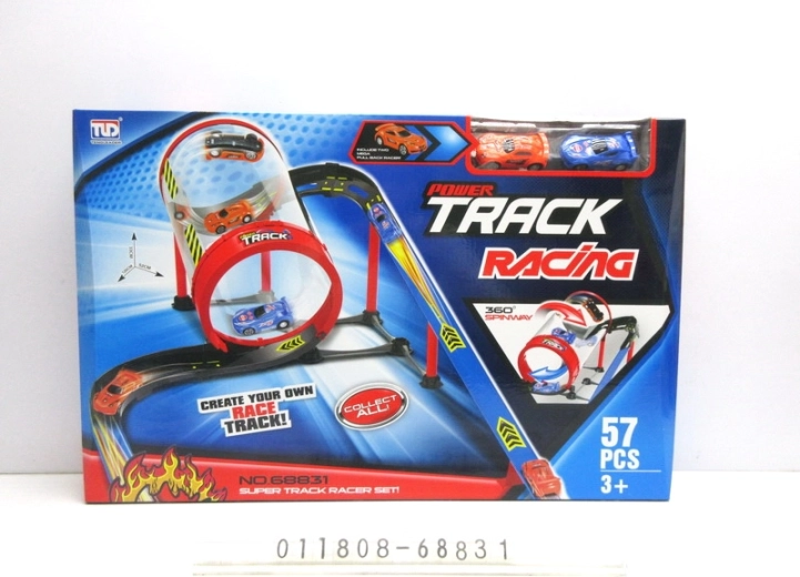 Racing track with tube and loop, 57 pieces, 2 pull-back cars