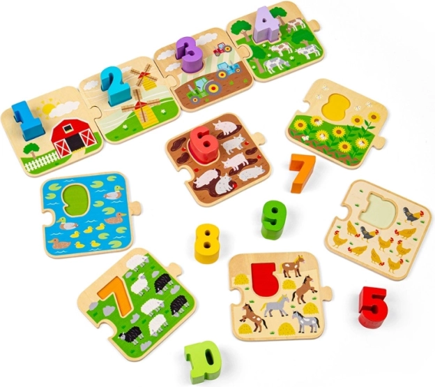 BIGJIGS TOYS дървен пъзел с картинки и числа 1–10 (живот във фермата)
