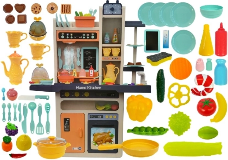 Kids' play kitchen with accessories and food, orange