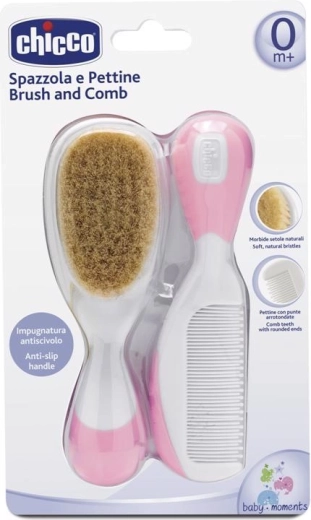 Chicco comb and brush with natural bristles – Pink