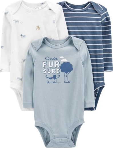 Carter’s long-sleeve baby bodysuits Blue Dogs, 3 pcs, newborn size 56