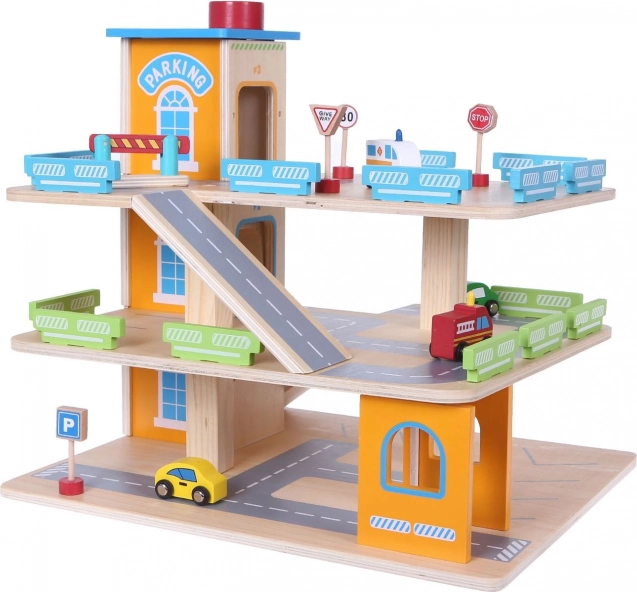 Wooden garage with elevator and toy cars