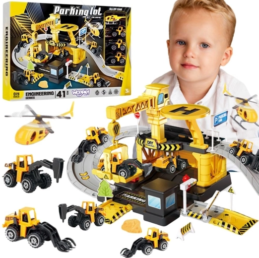 Woopie construction parking garage with crane and vehicles, 41 pieces