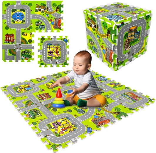 Пенена подложка за деца 90 × 90 см – град и пътища, 9 части