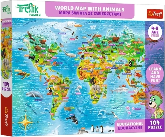 Детски образователен пъзел Карта на света с животни (104 части)