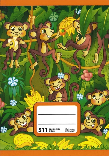 A5 school notebook with monkeys, ruled, 10 sheets, 20 mm, 2 helper lines