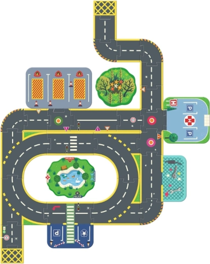 A city full of life: park, hospital, and playground