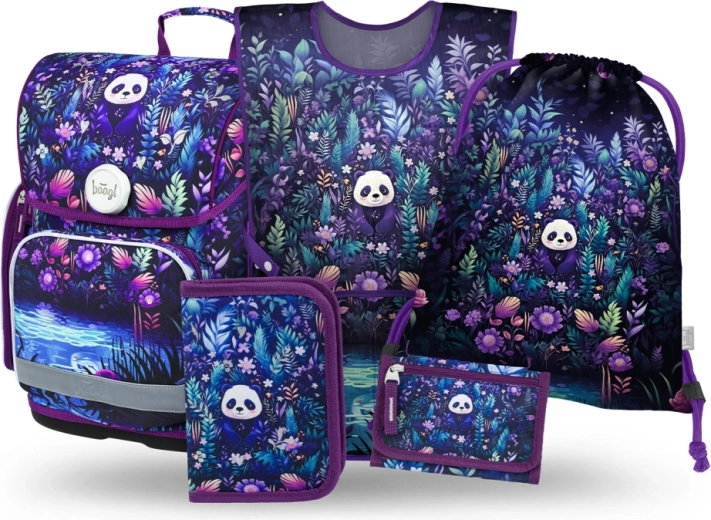 Училищен комплект 5 части BAAGL Ergo Jungle Panda – ученическа раница, несесер, торбичка, престилка и портмоне