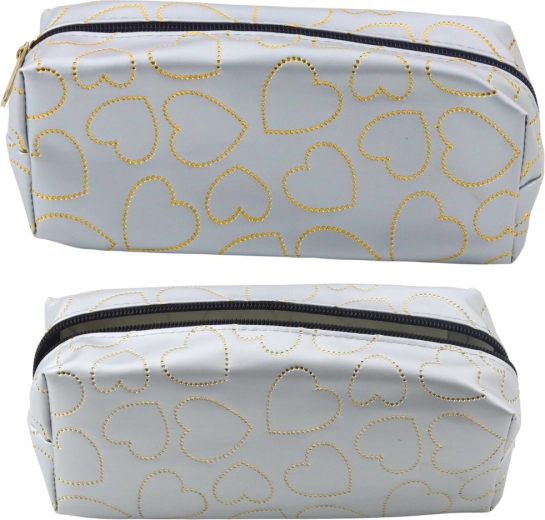 Silver school pencil case with golden hearts