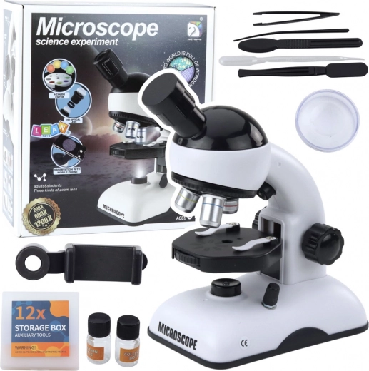 Educational microscope with phone holder and accessories