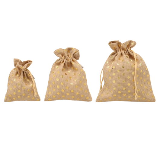 Set of Jute Drawstring Bags with Gold Dots 30 × 25 / 25 × 20 / 20 × 15 cm