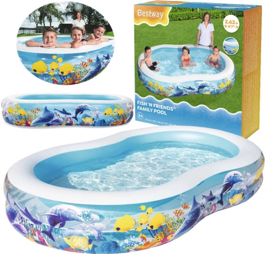 Надуваем семеен басейн с океански мотив BESTWAY Fish 'n Friends 262 × 157 × 46 см