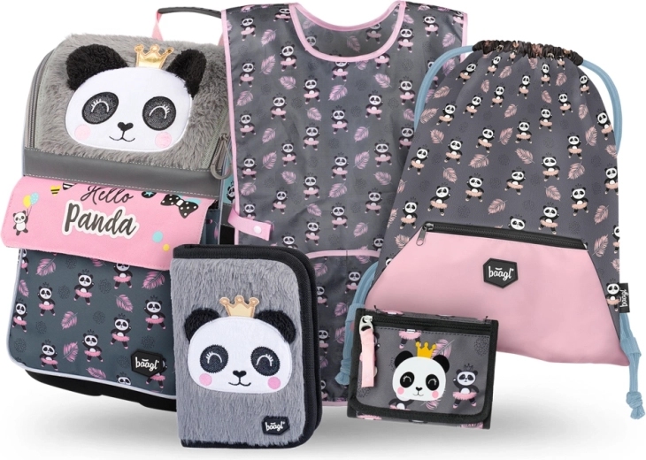 Ученически комплект BAAGL Zippy Panda – ученическа раница (актова чанта), несесер, торбичка, престилка и портмоне
