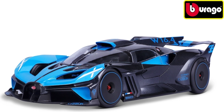 Bugatti Bolide car model in 1:18 scale, metallic black and blue