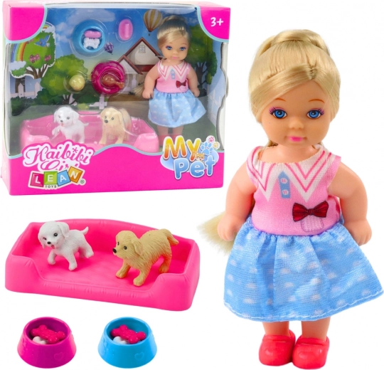 Mini doll with two puppies and bowls