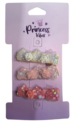 PINK set of glittery hair clips with roses, 3 pcs