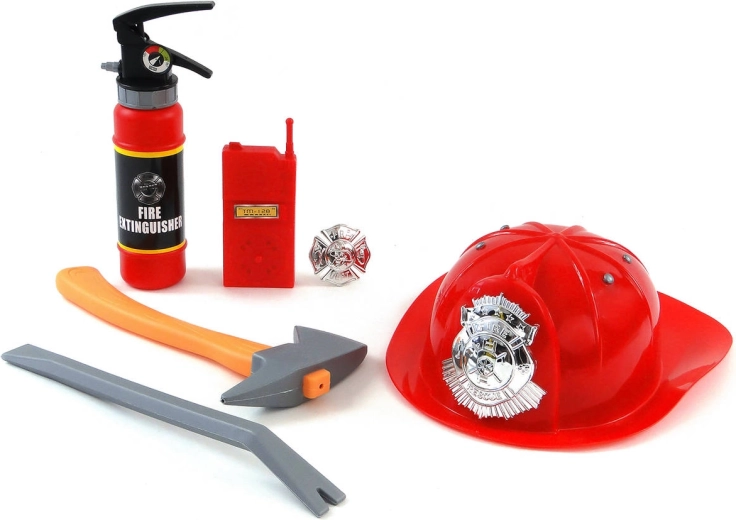 Kids’ firefighter set with a functional water-spraying fire extinguisher and helmet