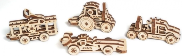 Ugears 3D дървен механичен пъзел – комплект от 4 превозни средства (ключодържатели)