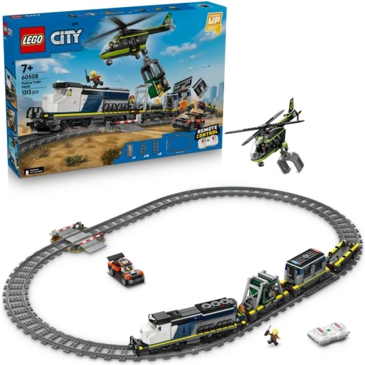 LEGO City Обир в полицейски влак – дистанционно управляван влаков комплект с хеликоптер и минифигурки